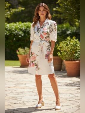 Taylor Floral Shirt Dress Button Front Belted Puff Sleeve Size 10 New